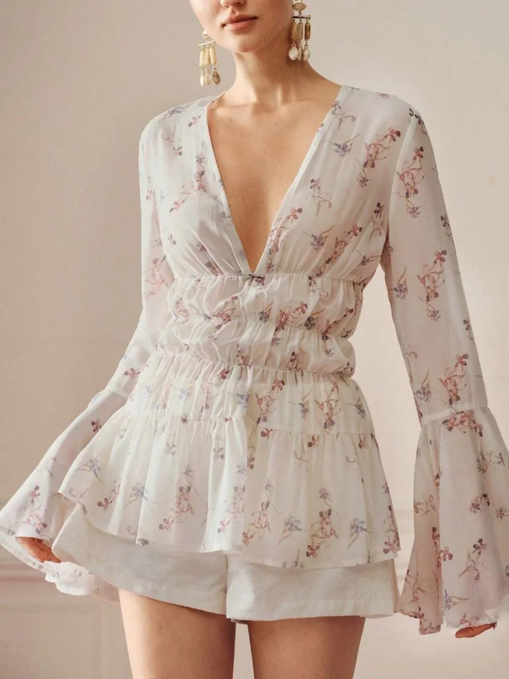 Multicolor Boho Women's Deep V Neck Layered Ruffle Hem Bell Sleeve Peplum Blouse